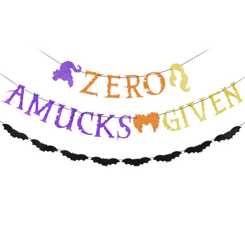 Zero Amucks Given Banner and Halloween Bats Garland, Hocus Pocus Banner Hocus Pocus Halloween Party Banner, Hocus Pocus Party Decorations Halloween Witch Party Decorations