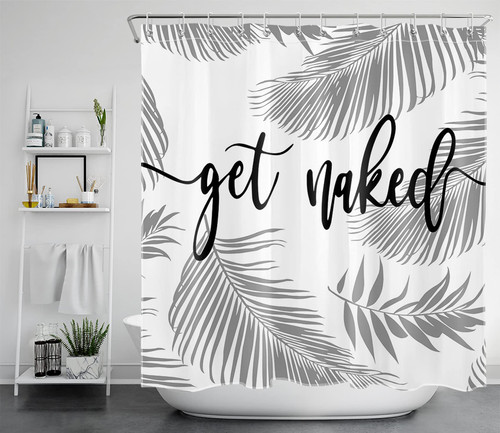 LB Tropical Palm Leaf Get Naked Shower Curtain for Bathroom, Tropical Plant Grey Coconut Palm Leaf Creative Black and White Funny Words Fabric Bathroom Decor Set with Shower Curtain Hooks, 72x72 Inch LB Tropical Palm Leaf Get Naked Shower Curtain for Bathroom, Tropical Plant Grey Coconut Palm Leaf Creative Black and White Funny Words Fabric Bathroom Decor Set with Shower Curtain Hooks, 72x72 Inch