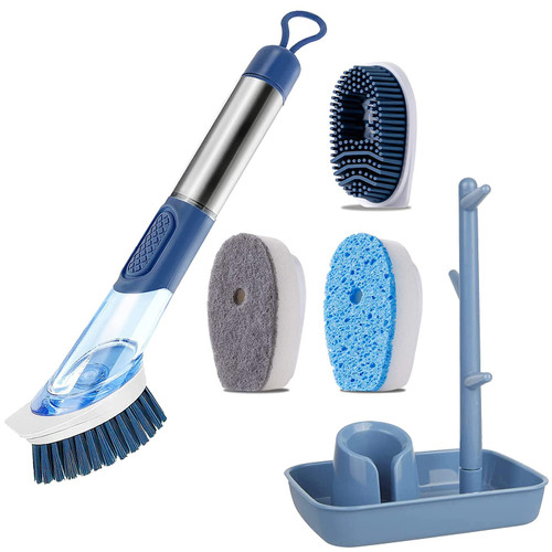 Upgrade Dish Brush Pot Brush Sink Brush Kitchen Cleaning Brush?Soap Dispensing Dish Brush Set with 4 Replacement Heads and Storage Holder, Kitchen Scrub Brush for Dishes Sink Pot Pan Cleaning