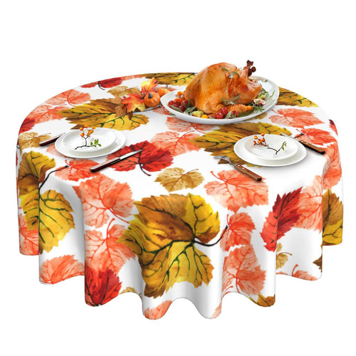 Fall Tablecloth, Autumn Maple Leaf Round Tablecloth 60 Inch, Red Gold Falling Leaves Table Cloth for Rustic Farmhouse Kitchen Decor, Wipeable Polyester Fabric Table Cover for Outdoor Holiday Party