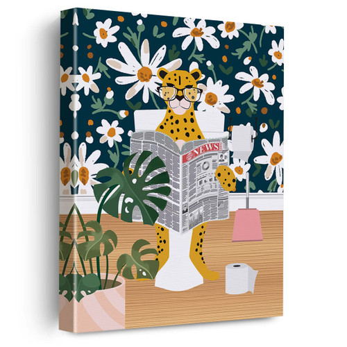 EVXID Bathroom Cheetah on Toilet Reading Newspaper Canvas Poster Painting Wall Art, Cheetah Print Picture Artwork Framed Ready to Hang for Restroom Wall Decor 12 x 15 inch