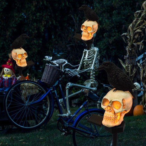 Algado 2 Pack Raven On Skull Halloween Lights Outdoor,18.5 Inch Resin Solar Halloween Skull Lights for Yard,Halloween Lights for Halloween Outdoor Party Yard Decorations