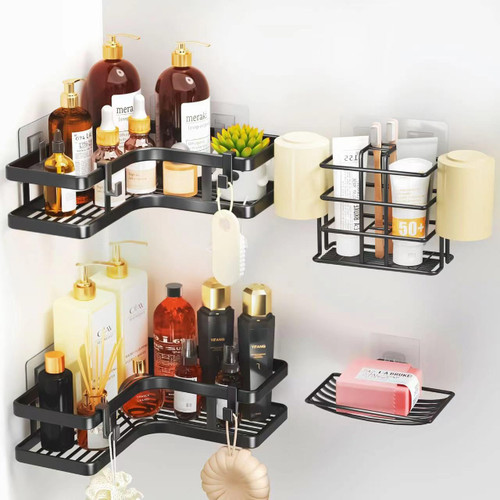 LURVUO Corner Shower Caddy,4Pack Shower Organizer Corner Shower Shelves with Soap Holder and Toothbrush Holder, No Drilling Wall Mounted Shower for Rack Bathroom,Dorm and Kitchen Storage.