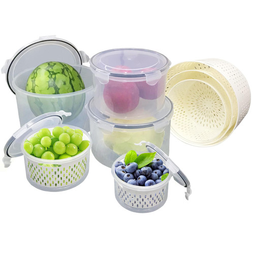 5 PCS Large Fruit Vegetable Storage for Fridge Saver Containers with Lid & Colander and stackable, Dishwasher & microwave safe Produce Containers Keep Fruits, Vegetables, Berry, Meat Fresh longer