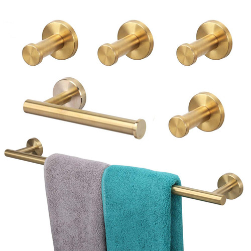 Vanloory 6 Pieces Bathroom Hardware Set Stainless Steel-Towel Rack Set Include 24" Lengthen Hand Towel Bar+Toilet Paper Holder+4 Robe Towel Hooks Bathroom Accessory Towel Bar Set (24IN, Gold)