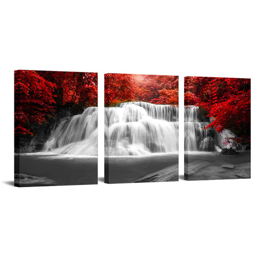 iKNOW FOTO Waterfall Giclee Canvas Prints Wall Art Paintings for Home Decorations Black and White Red 3 Piece Modern Gallery Wrapped Nature Pictures Artwork Ready to Hang 12x16inchx3pcs