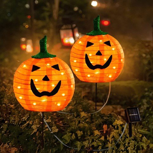 Solar Halloween Pumpkin LED Lights, Set of 2 Pumpkin Stake Lights 2 Modes for Outdoor Halloween Pathway Yard Garden Decoration