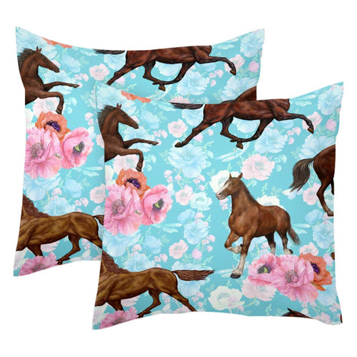JAVENPROEQT Decorative Square Throw Pillow Covers Set of 2 Horse and Flowers Seamless Pattern Pillow Case for Home Office Car, 18 x 18 inches