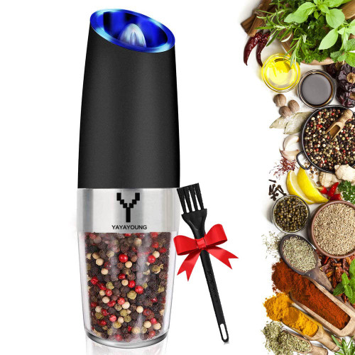 YAYAYOUNG Electric Salt and Pepper Grinder,Automatic Salt and Pepper Shaker with Blue LED LIGHT,Gravity Electric Pepper Mill with Adjustable Coarseness,Refillable,pepper grinder,salt and pepper shaker
