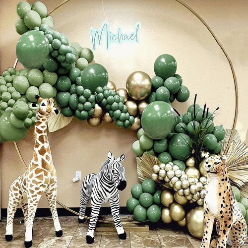 Sage Green Gold Balloon Garland Double Stuffed Olive Green Balloon Arch Kit Avocado Green Balloons Metallic Gold Latex Balloons For Birthday Jungle Safari Wild One Animals Party Decorations