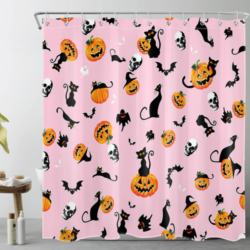 LB Pink Halloween Shower Curtain for Bathroom,Orange Pumpkin and Black Cat Bat Fabric Shower Curtain with Hooks,Scary Skull Ghost Bathroom Curtain Shower Set, 72x72 inches