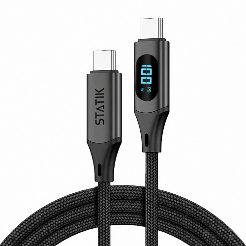 Statik TruCharge 100W USB C Cable with LED Digital Display and Silicone Organizer - Super Fast Charging USBC to USBC Cable - High Speed USB C 100W Cable with BlitzCharge Technology, 6FT/2M