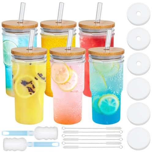 Acesvuit 4Pack Glass Tumbler Cups with Bamboo Lids and Straws, 22oz Iced Coffee Cups Mason Jar Drinking Glasses Tumbler Cups,Travel Tumbler for Bubble Tea, smoothie, Juice.
