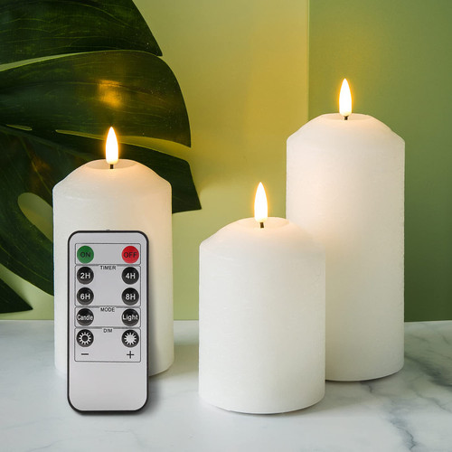 Eywamage White Flameless Pillar Candles with Remote, Flickering Real Wax LED Battery Candles Set of 3