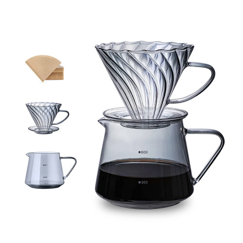 Can's Pour Over Coffee Maker Set With Filters, Glass Coffee Dripper Brewer & Glass Coffee Pot, High Heat Resistant Decanter, V60 Pour Over Coffee (Small 500ml,Smokey Grey)