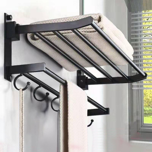 Small Foldable Towel Rack with Towel Bar Holder, Towel Shelf with Hooks, Rustproof Towel Storage Wall Mount for Bathroom Lavatory Matte Black