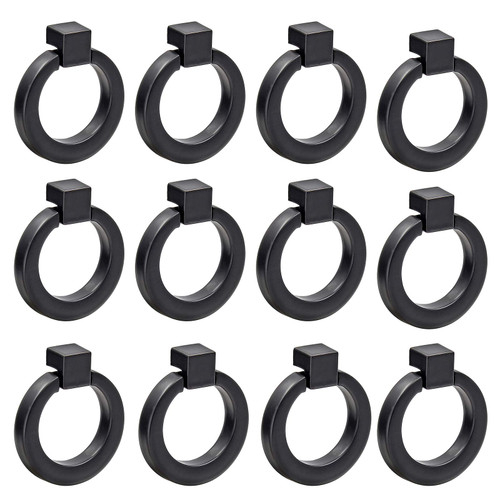 Bonsicoky 12Pcs Round Cabinet Ring Pull Handles Single Hole Ring Knobs for Cabinet Drawer Dresser Cupboard Wardrobe, Matte Black
