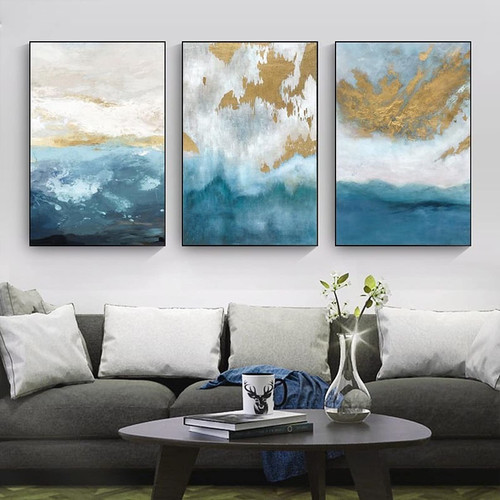 "Modern Abstract Golden Blue" Painting on Canvas for Living Room Home Posters and Prints Wall Art Decorative Picture Cuadros 50x70cm3pcs Frameless