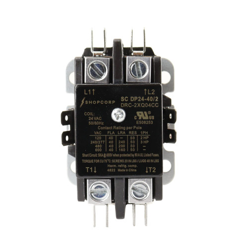 Shopcorp 40A 2-Pole NO 600V Definite Purpose Magnetic Contactor - HVAC, Lighting & Refrigeration, 24 VAC Coil, Motor Load 40A, Air Conditioner & Heat Pump