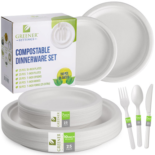 Greener Settings Eco-Friendly Compostable Dinnerware Set Heavy-Duty Plates, Disposable Utensils and Paper Plates