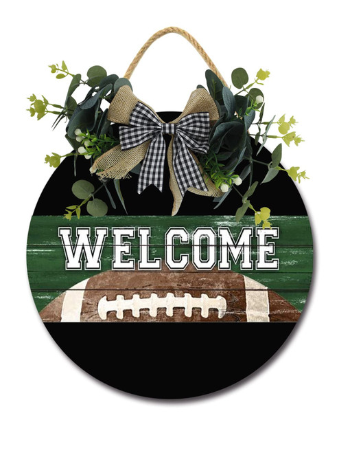 Welcome Football Front Door Sign Funny Wreaths Hanging Wooden Plaque Decoration Round Rustic Wood Farmhouse Porch Decor for Home Front Door Decor, 12 x 12 Inch
