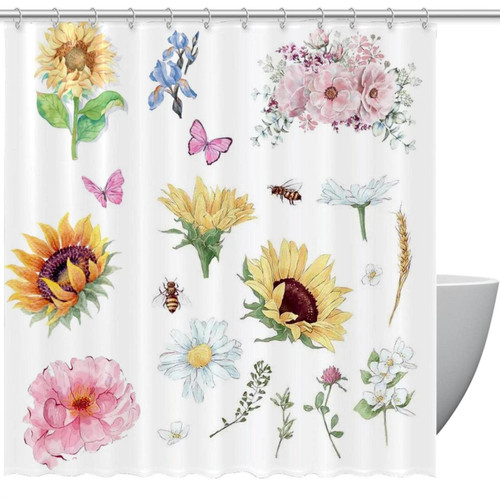 VAPOKF Shower Curtain for Bathroom Decor, Sunflower Daisy Butterfly Bee Waterproof Polyester Fabric Bath Curtain Set with 12 Hooks - 60x72 Inches