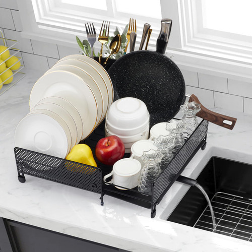 Moderspace Dish Drying Rack, Expandable Dish Rack, Capacity Dish Racks for Kitchen Counter, Dish Drainer with Utensil Holder& Drainboard, Black