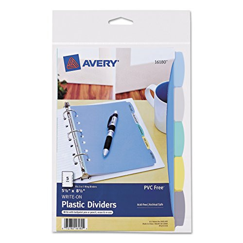 Avery 16180 Write & Erase Plastic Dividers, 5-Tab, 5 1/2 x 8 1/2