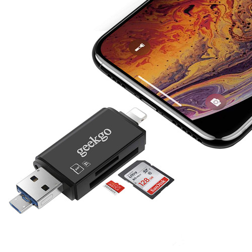 geekgo SD Card Reader,USB Memory Card Reader Adapter Viewer for iPhone iPad Android Mac - Supports Micro USB OTG 3 in 1 (Black)