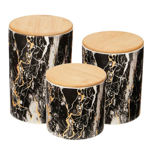 Home Basics Marble Design 3 Piece Kitchen Canisters (Black) Modern Canister Sets For The Kitchen | With Bamboo Lids