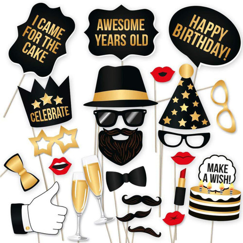 25PCS Birthday Photo Booth Props with Stick Happy Birthday Party Supplies, Black and Gold Photo Prop Kit Funny Selfie Photo Booth Props for Birthday Party Decorations