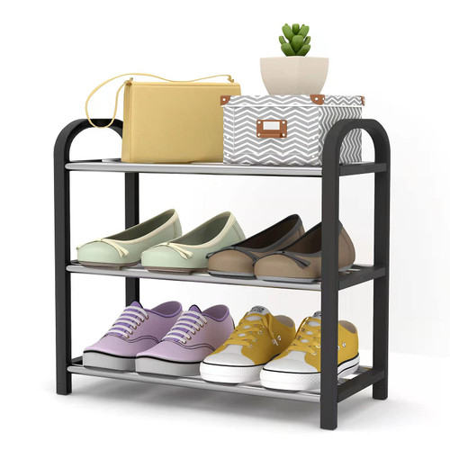Small Shoe Rack?3-Tier Shoes Shelf Storage Multifunctional Lightweight Organizer Sturdy Metal Stackable Stand Footwear for Closet Living Room Bedroom bathroom(3 Tier Black Shoe Rack)