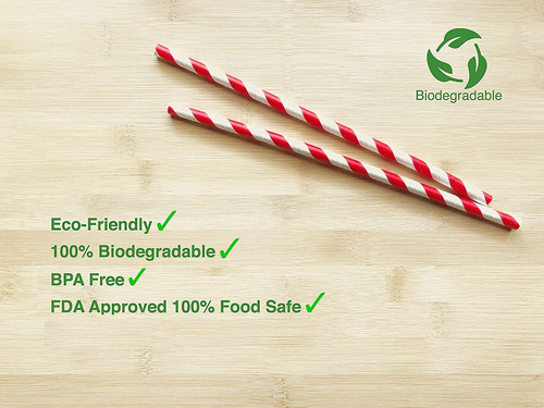 Family Home 7.75 inch Red & White Striped Paper Straws, Biodegradable Disposable Drinking Straws 500 Count