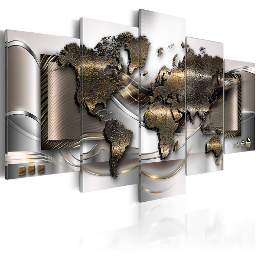 Vintage Giclee World Map - 5 Panel Canvas Print, Modern Picture Wall Art, Decor Home Abstract World Map