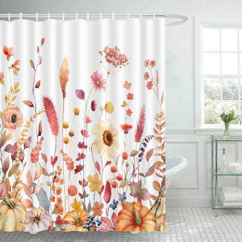 Juirnost Fall Flower Shower Curtain Autumn Floral Shower Curtain Pumpkin Bohemian Farmhouse Thanksgiving Day Bathroom Bathtubs Decor Washable Durable Fabric 72"x72" with 12 Hooks