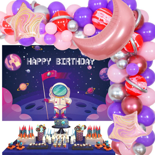 Outer Space Birthday Decorations Girl, Space Birthday Balloon Garland Arch Kit with Pink Purple Happy Birthday Backdrop, Marble Star Balloons, Moon Foil Balloon, Space Themed Birthday Party Supplies