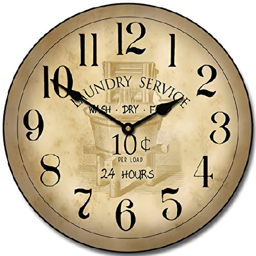 Laundry Room Wall Clock Vintage Wooden Round Clock Wall Decor 10 Inch Battery Operated Decorative Wall Clock Silent Round Wood Wall Clock Hanging Clocks for Bedroom Decor Living Room Clocks