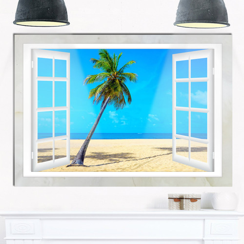 Designart Open Window to Beach with Palm Extra Large Seashore Metal Wall Art-20x12, 20x12, Blue/White Designart Open Window to Beach with Palm Extra Large Seashore Metal Wall Art-20x12, 20x12, Blue/White