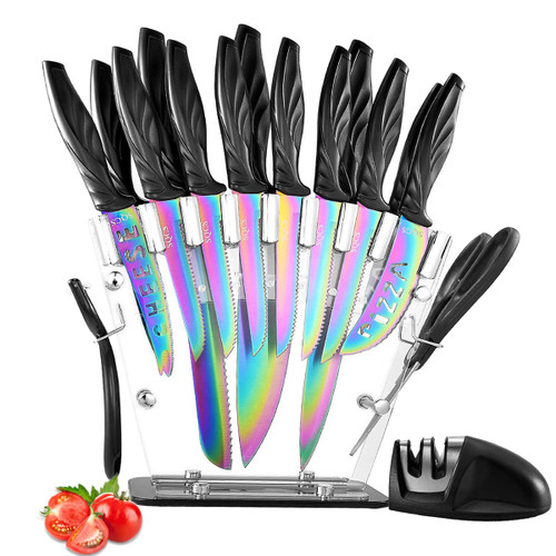 Rainbow Titanium Knife Set 17 PCS Kitchen Knives Set Sharp Cutlery Knife Sets Contain 6 Steak Knives Sharpener Clear Acrylic Stand Nonstick Chef Knife Block Set (Black Handle Rainbow Blade)