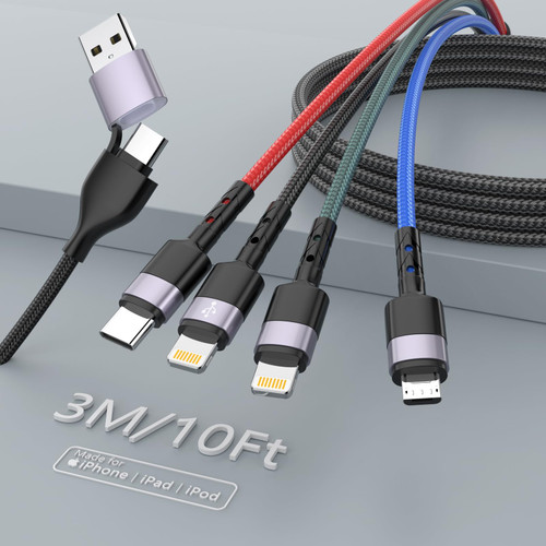 6 IN 1 Multi Universal Charging Cable 10ft, USB C Multi Charging Cable Nylon Braided Fast Charging Cord with Lightning*2+Type C+Micro USB Connectors Universal Sync Charger Adapter for Phone/Tablet