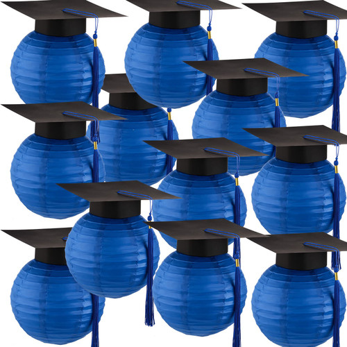 12 Pieces Bulk Graduation Cap Hanging Paper Lanterns Grad Cap Paper Lanterns Graduation Lanterns with Black Grad Hat Tassel Lanterns Graduation Party Hanging Decorations (Blue)