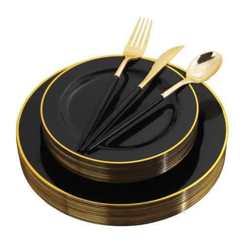 WELLIFE 120 PCS Black Plates Disposable, Gold Disposable Cutlery with Black Handle, Black and Gold Plates, Includes 24 Dinner Plates, 24 Dessert Plates, 96 Black Gold Cutlery
