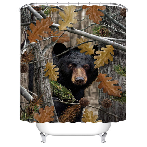 Fangkun Shower Curtain Art Bathroom Decor Set - Black Bear in The Forest Pattern Polyester Fabric Bath Curtains - 12 Shower Hooks - 72 x 72 inches