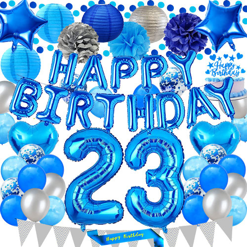Santonila Blue 23rd Birthday Decorations Happy Birthday Banner Sash and Cake Topper Number 23 Confetti Latex Balloons Paper Lanterns for 23 Years Old Birthday Party,702401894706