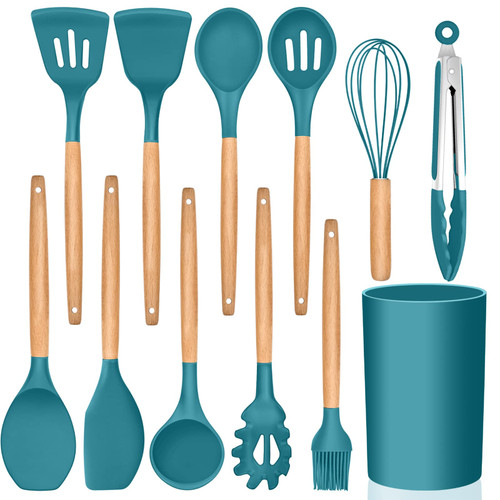 Kitchen Utensils Set of 12, E-far Silicone Cooking Utensils with Holder, Non-stick Cookware Friendly & Heat Resistant, Includes Spatula Tong Whisk Ladle Brush Slotted Turner Spoon(Teal Blue)