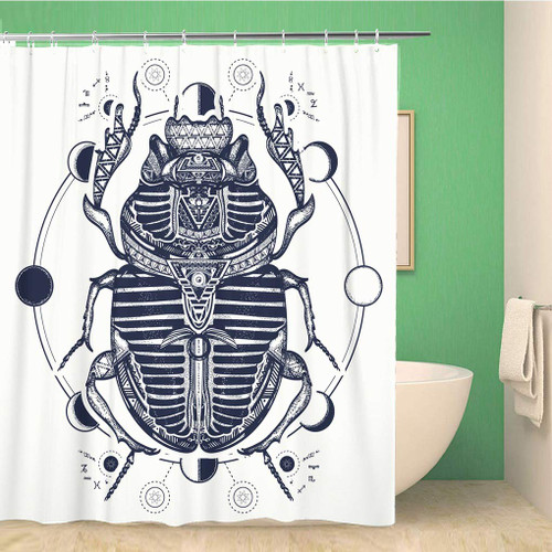 Awowee Bathroom Shower Curtain Egyptian Scarab Symbol of Pharaoh Gods Ra Sun Tattoo Polyester Fabric 66x72 inches Waterproof Bath Curtain Set with Hooks