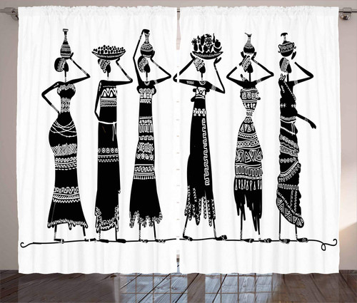 Ambesonne African Curtains, Sketch of Local Women Jugs Silhouettes Patterned Dresses, Living Room Bedroom Window Drapes 2 Panel Set, 108" X 96", Black and White