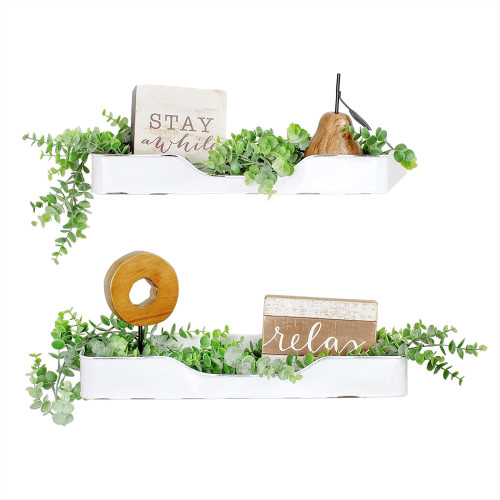 AuldHome Enamel Tray Shelves (Set of 2); Farmhouse Bathroom Decor White Enamelware Shelf Trays