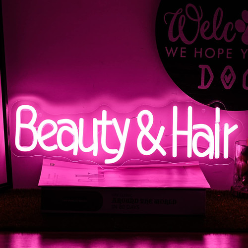 Alkkign Beauty Hair Neon Sign Dimmable Pink Letter Neon Signs Salon Hair Salon Sign Word LED Neon Light Sign Powered USB for Barbers, Beauty Salons Decor for Girls Room Bedroom