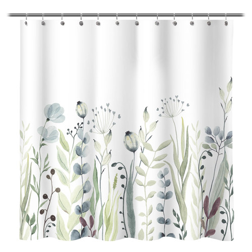 Floral Plant Fabric Shower Curtain, Spring Blue and Green Flower Shower Curtains for Home Decor, Botanical Bath Curtain for Bathroom Washable, 71x71
